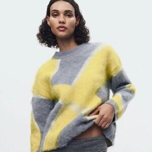 ZARA Brushed Effect Sweater – Grey/Yellow – Size M – NWT